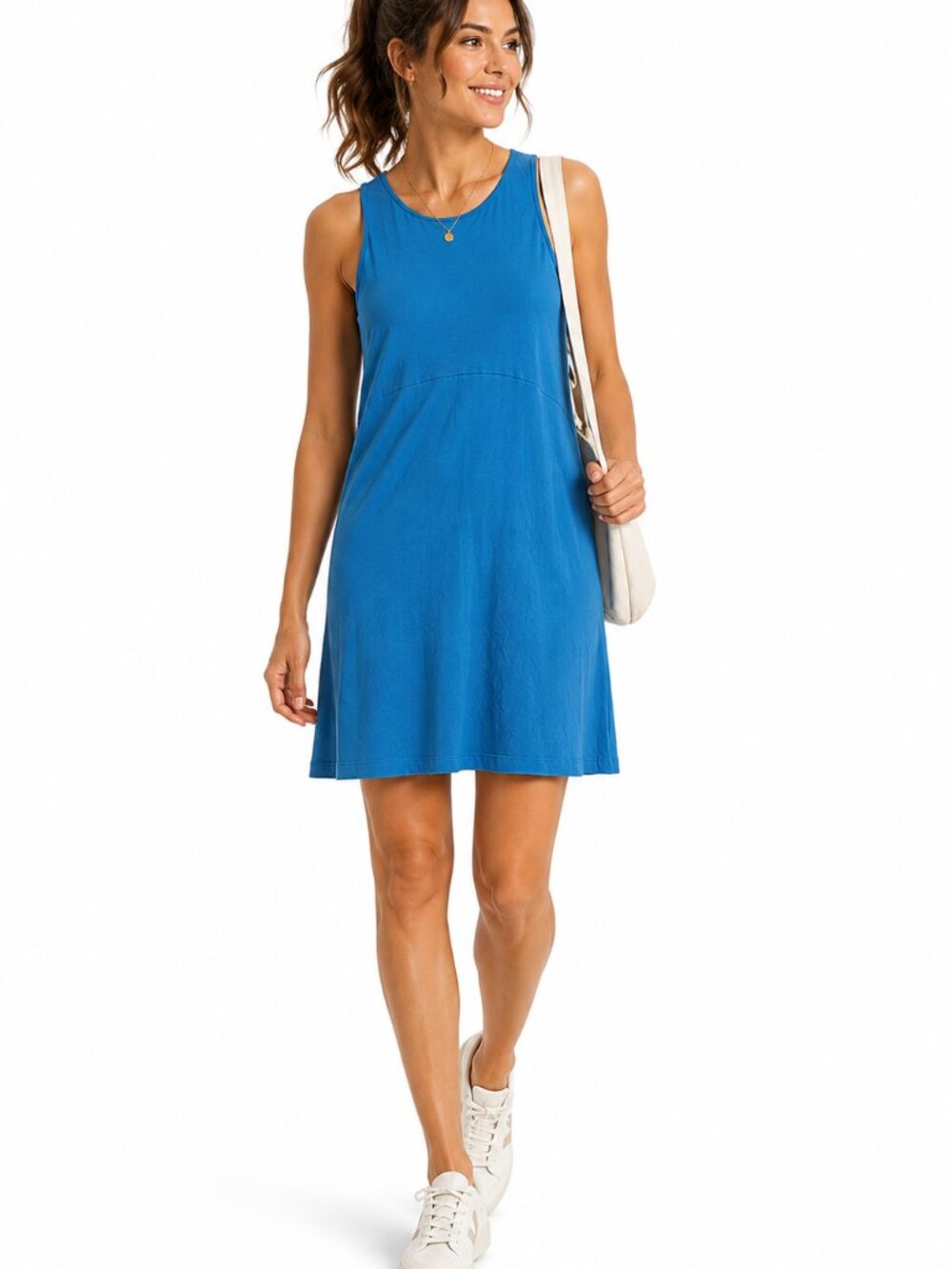 Athleta Santorini Thera Dress Blue Medium NWT TENCEL Travel Sporty Fit Flare